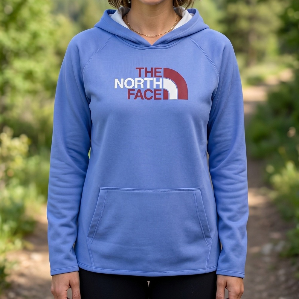 The North Face Womens Light Blue Logo Pullover Hoodie Thumbhole Activewear 5551